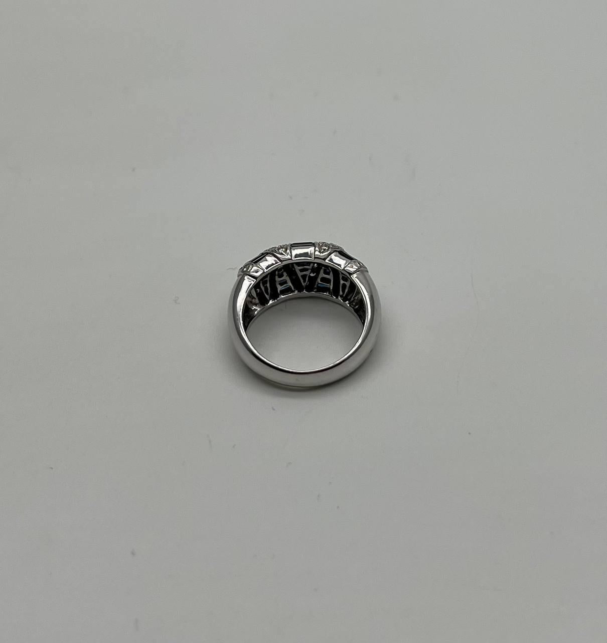 Blue Sapphire Precision Square Cut Diamonds 14K White Gold Statement Band Ring