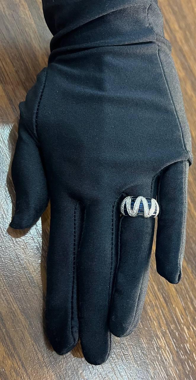 Blue Sapphire Precision Square Cut Diamonds 14K White Gold Statement Band Ring