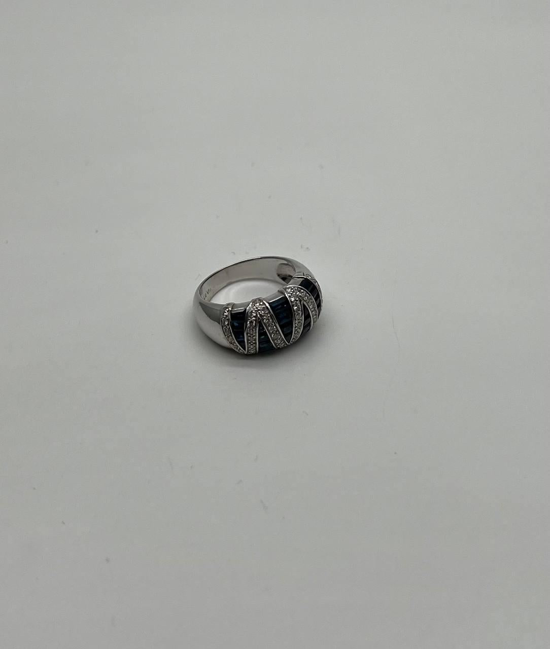 Blue Sapphire Precision Square Cut Diamonds 14K White Gold Statement Band Ring