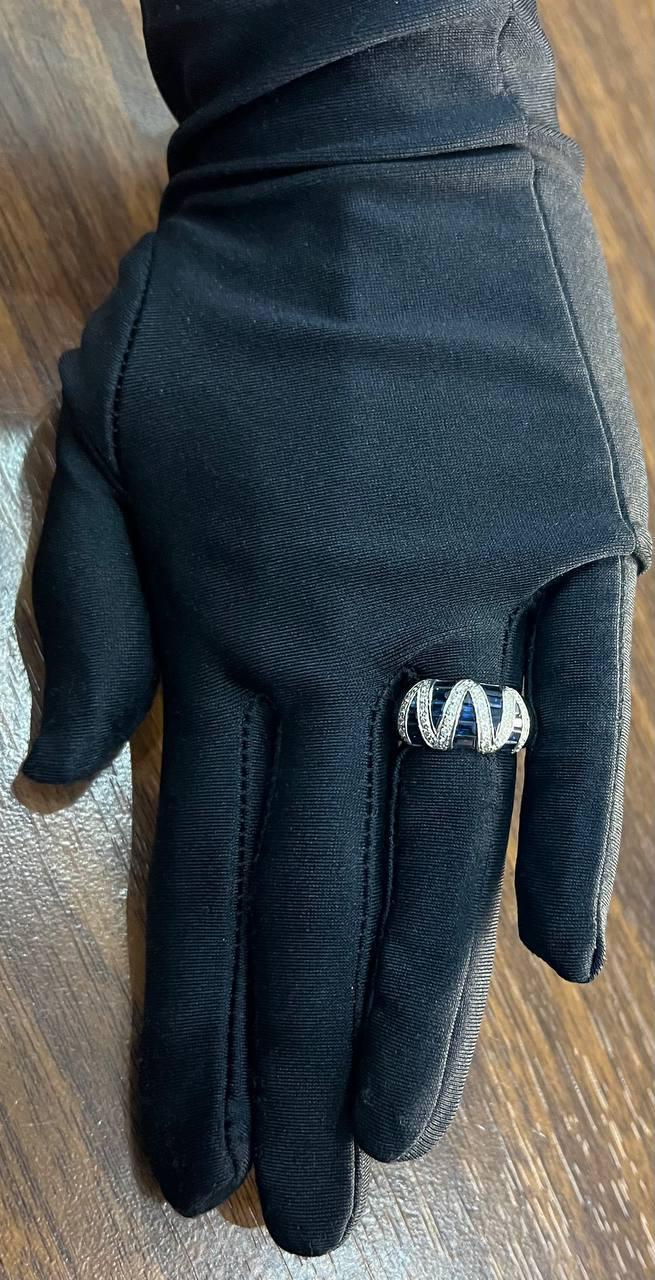 Blue Sapphire Precision Square Cut Diamonds 14K White Gold Statement Band Ring