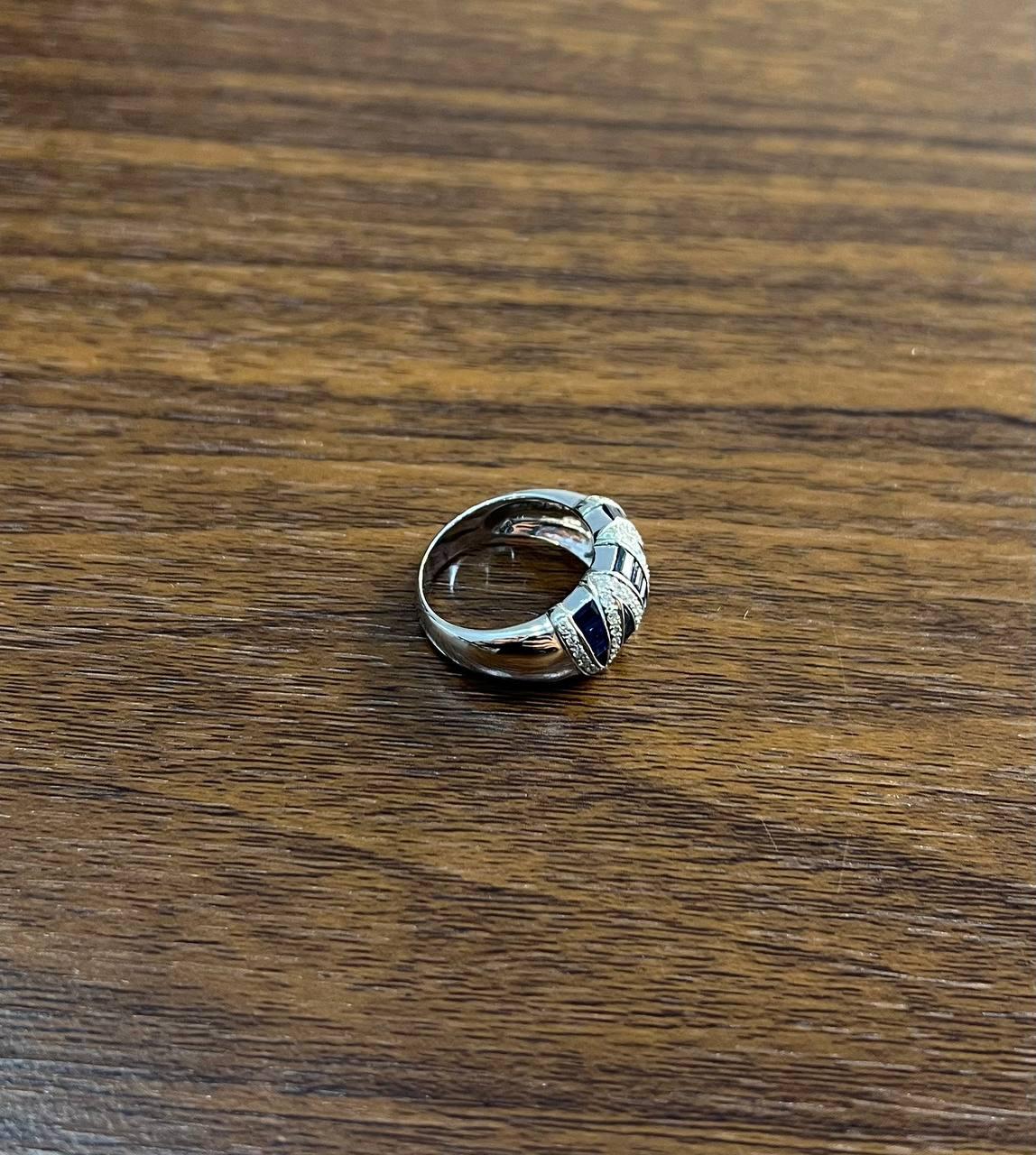 Blue Sapphire Precision Square Cut Diamonds 14K White Gold Statement Band Ring