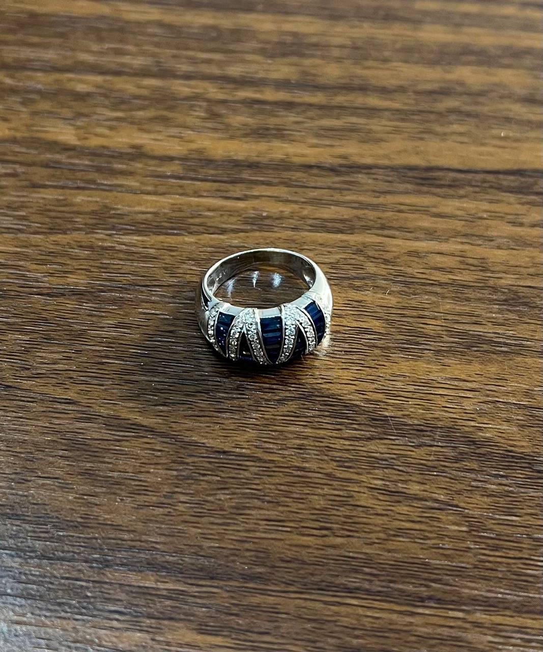 Blue Sapphire Precision Square Cut Diamonds 14K White Gold Statement Band Ring