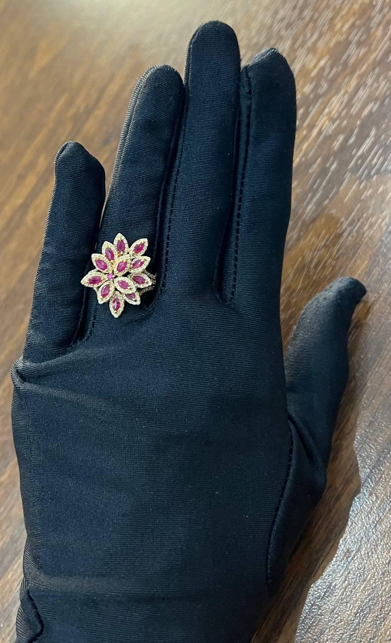 Marquise Shape Red Pink Ruby Floral Flower 14K Rose Gold Cocktail Diamonds Ring