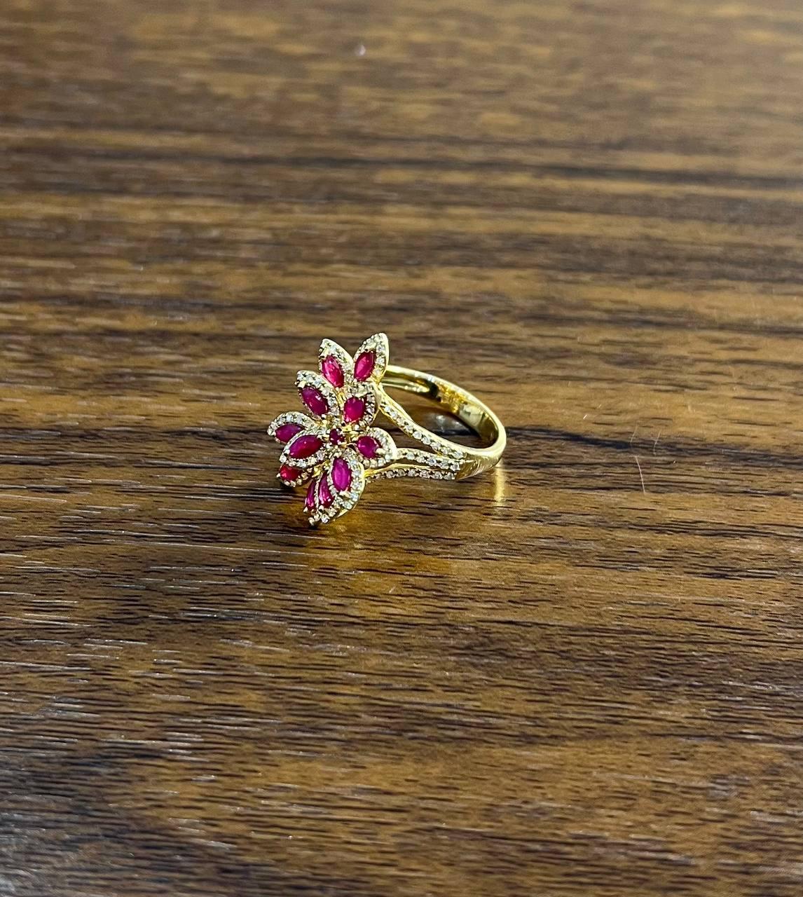 Marquise Shape Red Pink Ruby Floral Flower 14K Rose Gold Cocktail Diamonds Ring
