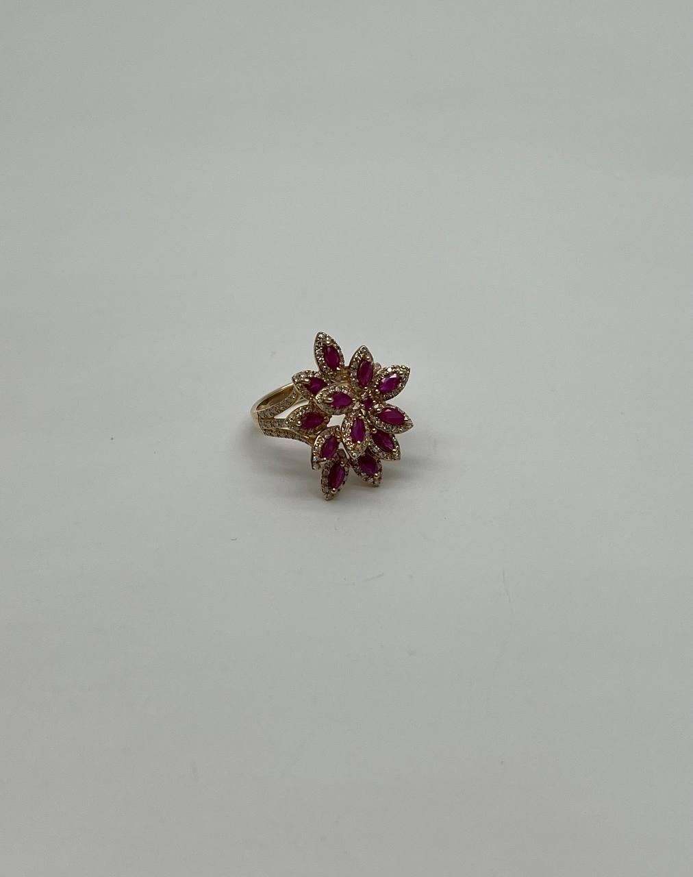 Marquise Shape Red Pink Ruby Floral Flower 14K Rose Gold Cocktail Diamonds Ring