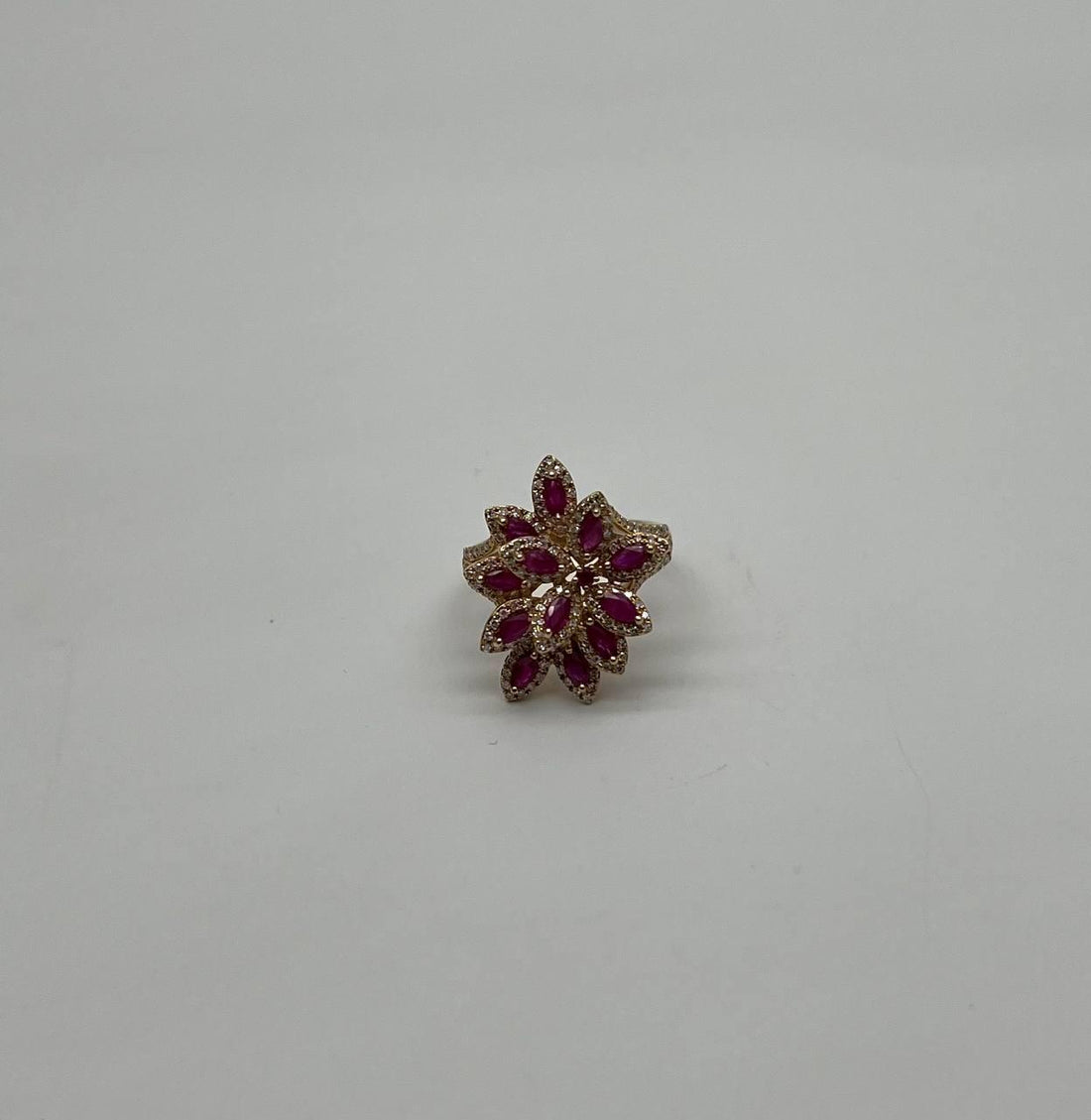 Marquise Shape Red Pink Ruby Floral Flower 14K Rose Gold Cocktail Diamonds Ring