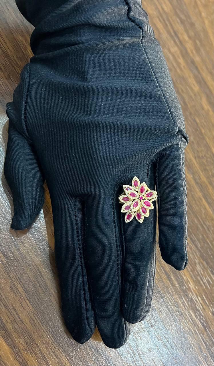 Marquise Shape Red Pink Ruby Floral Flower 14K Rose Gold Cocktail Diamonds Ring