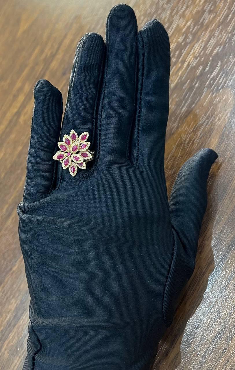 Marquise Shape Red Pink Ruby Floral Flower 14K Rose Gold Cocktail Diamonds Ring
