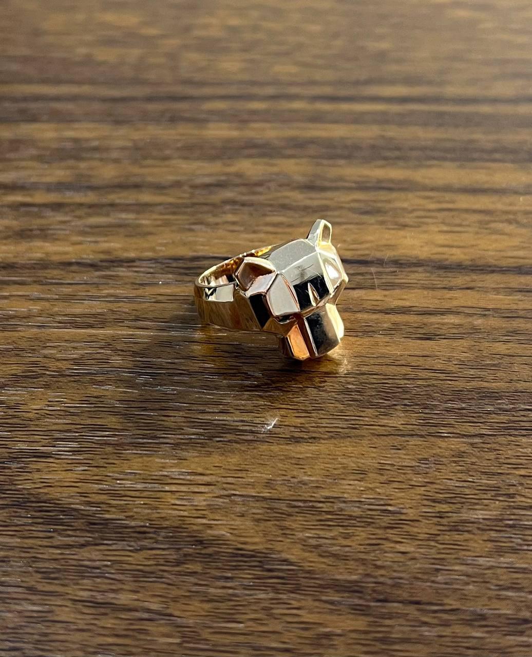 Panther Cat Emeralds Diamonds Head Face Ring 14K Rose Gold Statement Ring