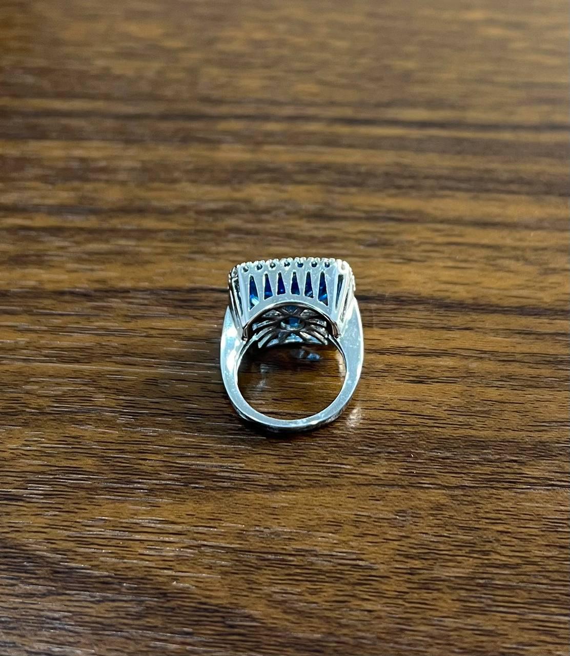 Cushion Shape Swiss Blue Topaz Diamonds Halo Jumbo 14K White Gold Cocktail Ring