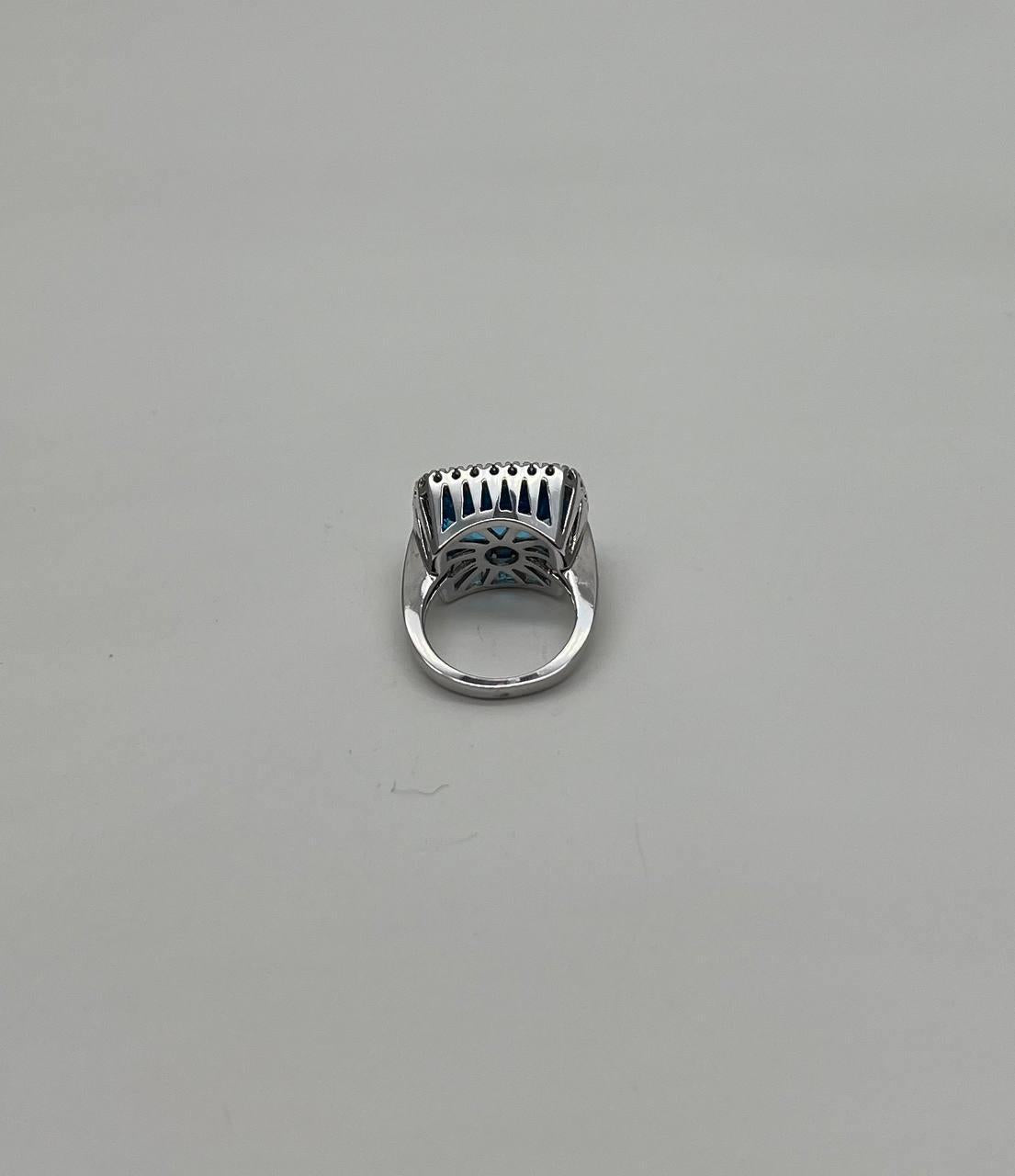Cushion Shape Swiss Blue Topaz Diamonds Halo Jumbo 14K White Gold Cocktail Ring