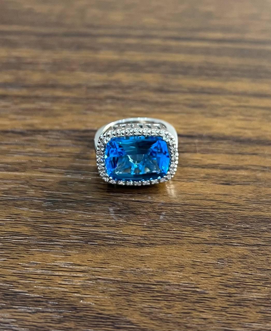 Cushion Shape Swiss Blue Topaz Diamonds Halo Jumbo 14K White Gold Cocktail Ring