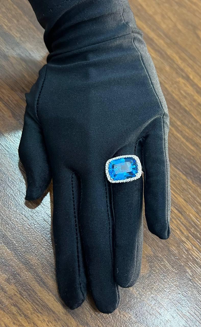 Cushion Shape Swiss Blue Topaz Diamonds Halo Jumbo 14K White Gold Cocktail Ring