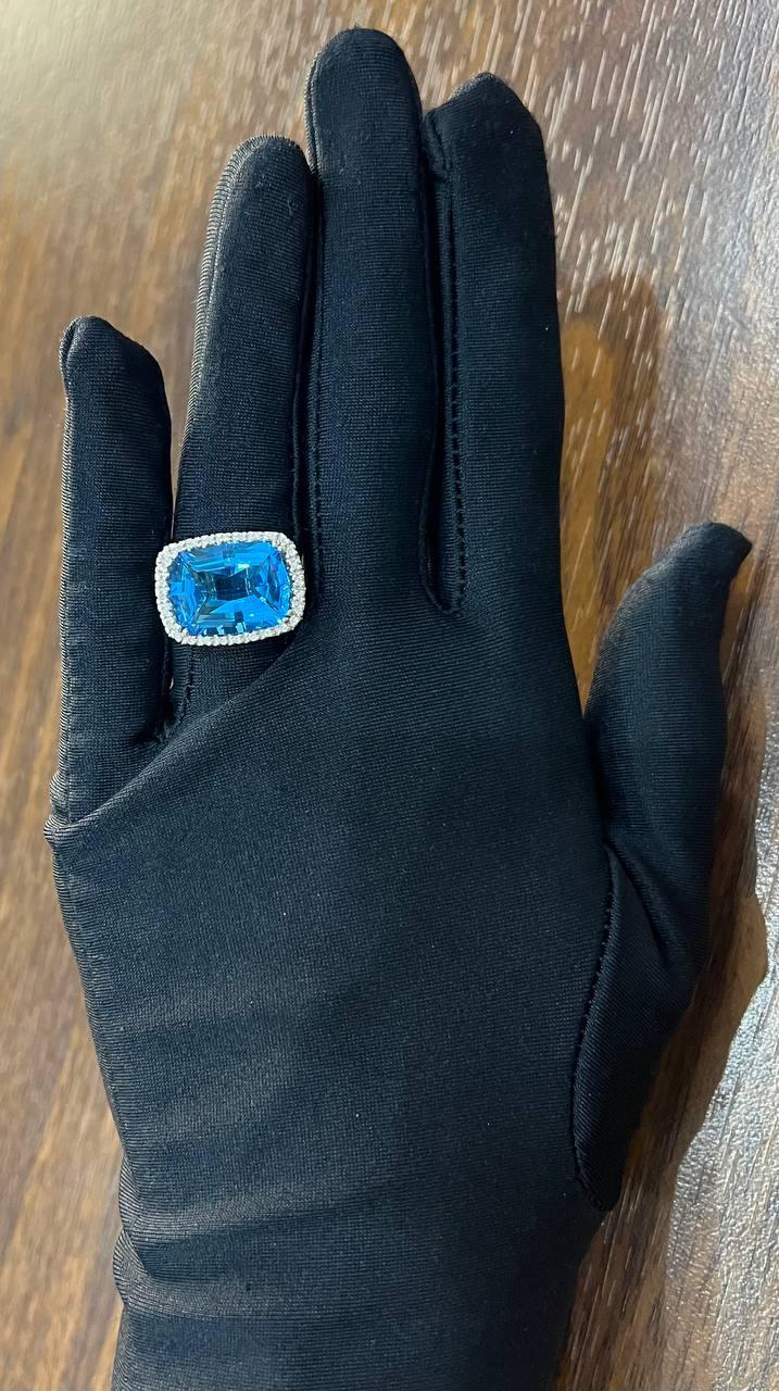 Cushion Shape Swiss Blue Topaz Diamonds Halo Jumbo 14K White Gold Cocktail Ring