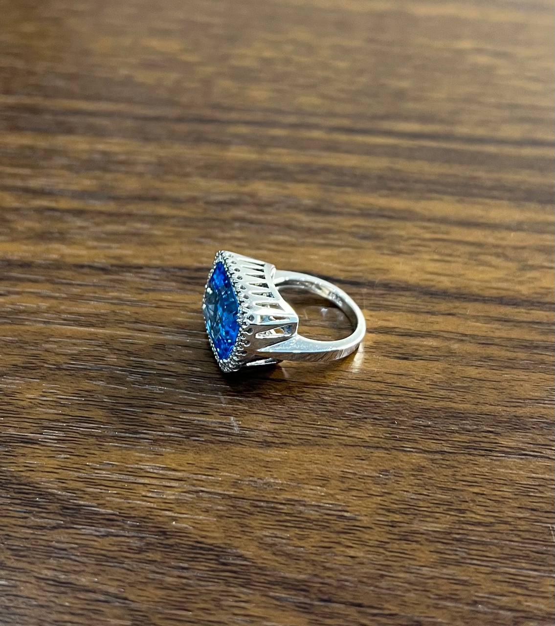 Cushion Shape Swiss Blue Topaz Diamonds Halo Jumbo 14K White Gold Cocktail Ring