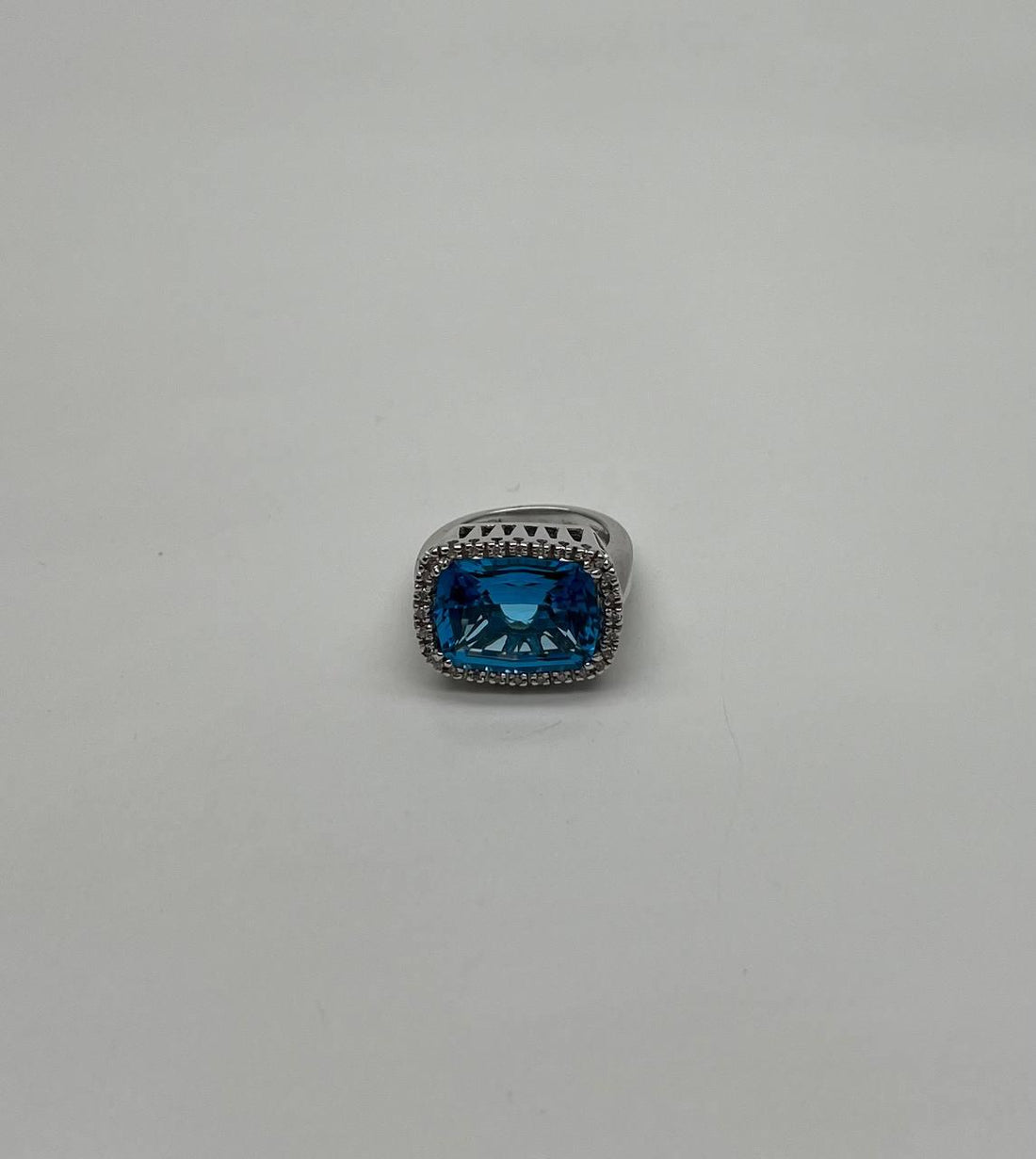 Cushion Shape Swiss Blue Topaz Diamonds Halo Jumbo 14K White Gold Cocktail Ring