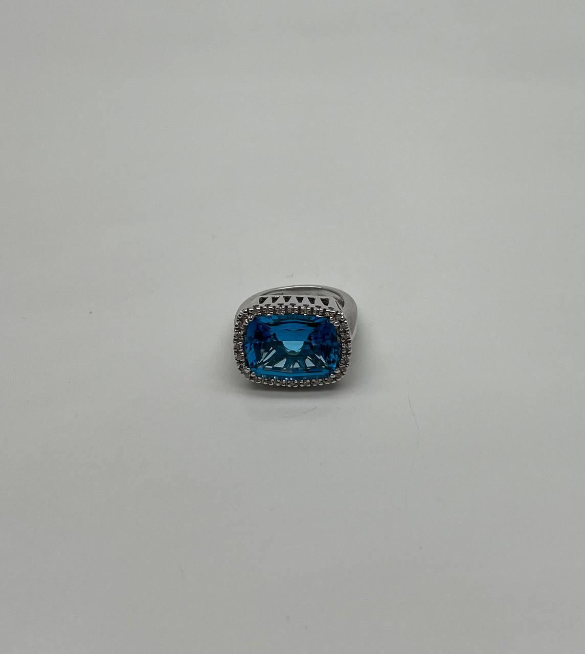 Cushion Shape Swiss Blue Topaz Diamonds Halo Jumbo 14K White Gold Cocktail Ring