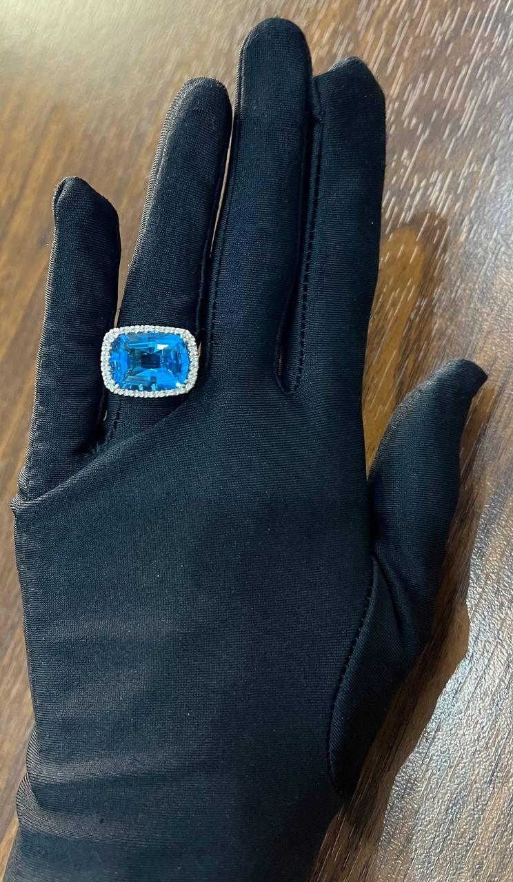 Cushion Shape Swiss Blue Topaz Diamonds Halo Jumbo 14K White Gold Cocktail Ring