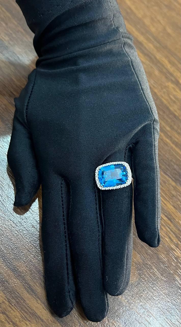 Cushion Shape Swiss Blue Topaz Diamonds Halo Jumbo 14K White Gold Cocktail Ring