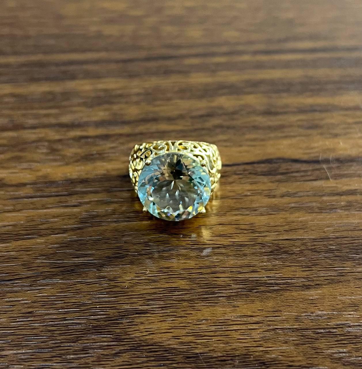 Large Jumbo Green Amethyst Prasiolite Scroll Cage Motif 14K Yellow Gold Ring