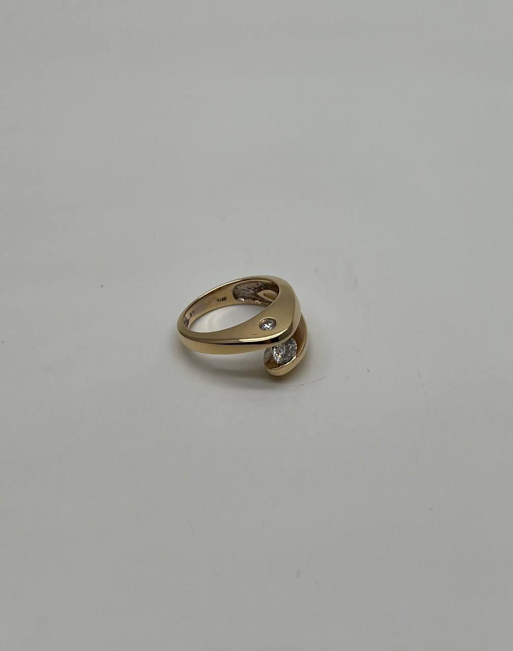 Unique Round Diamond Tension Set Flush Set Bypass 14K Yellow Gold Statement Ring