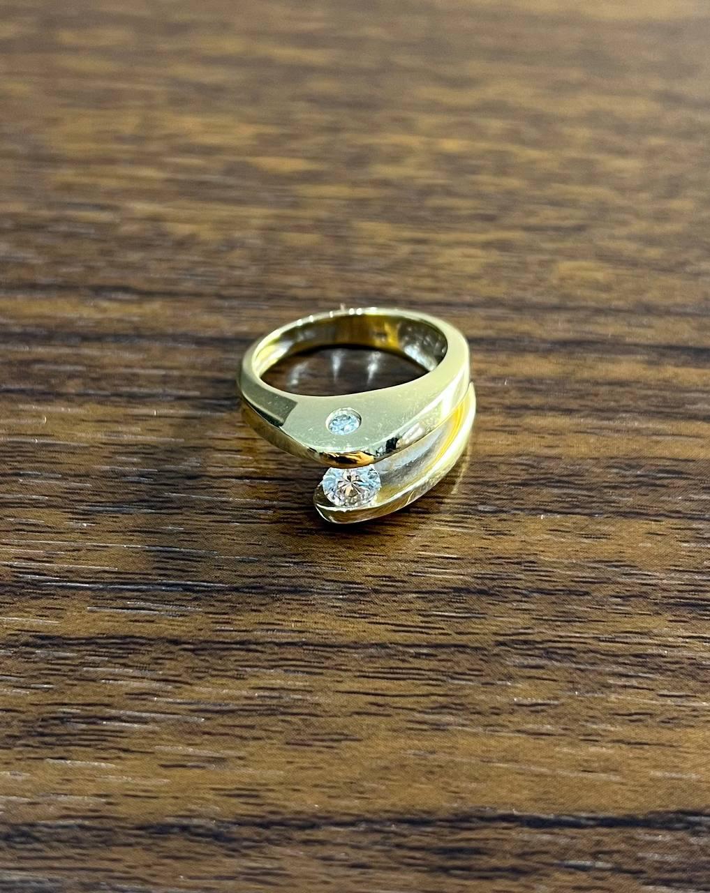 Unique Round Diamond Tension Set Flush Set Bypass 14K Yellow Gold Statement Ring