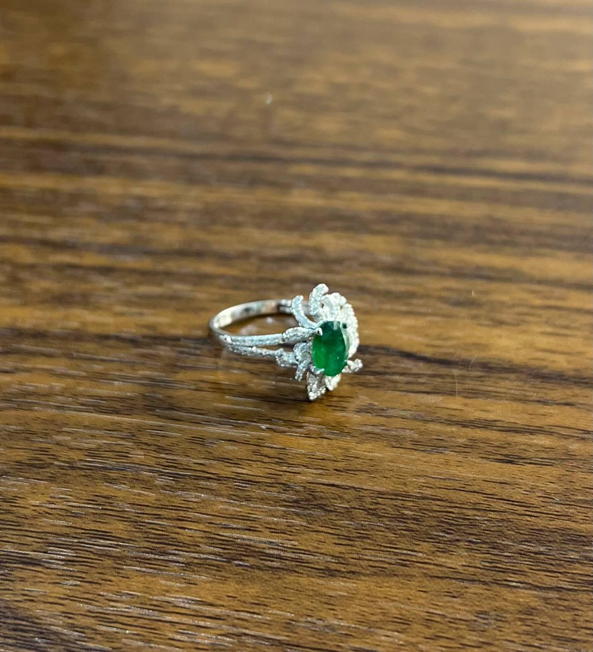 Oval Shape Green Emerald Diamond Pave Halo Set 14K White Gold Statement Ring