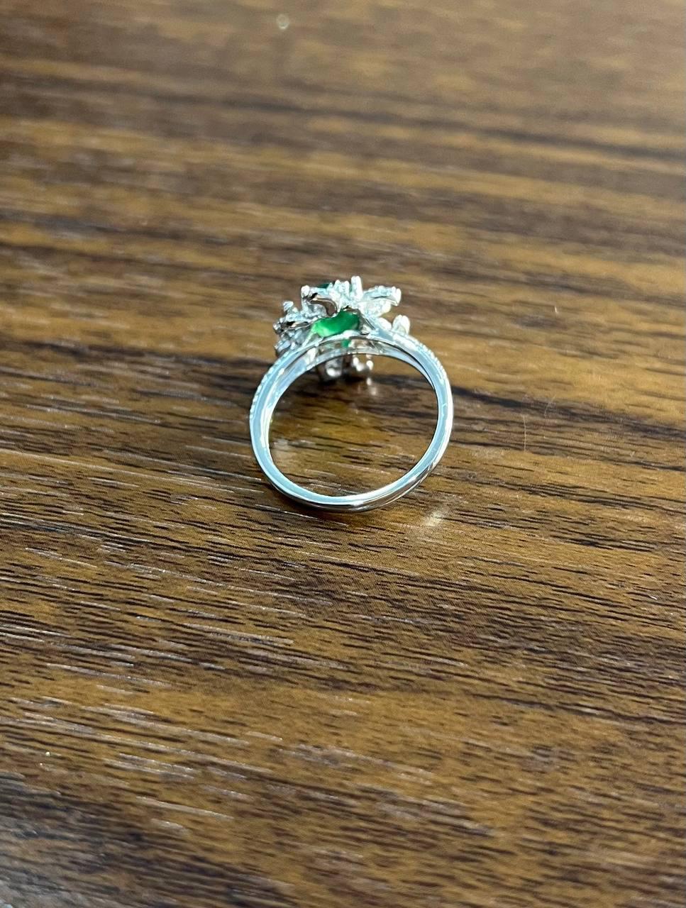 Oval Shape Green Emerald Diamond Pave Halo Set 14K White Gold Statement Ring