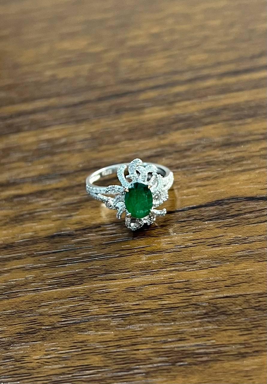 Oval Shape Green Emerald Diamond Pave Halo Set 14K White Gold Statement Ring