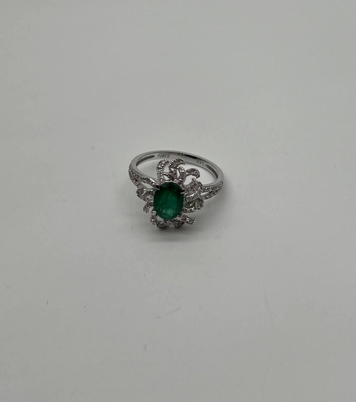 Oval Shape Green Emerald Diamond Pave Halo Set 14K White Gold Statement Ring