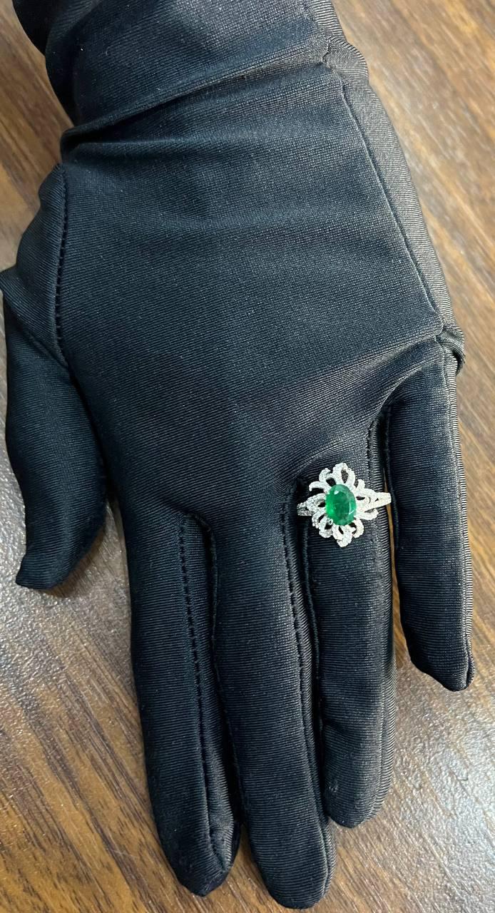 Oval Shape Green Emerald Diamond Pave Halo Set 14K White Gold Statement Ring