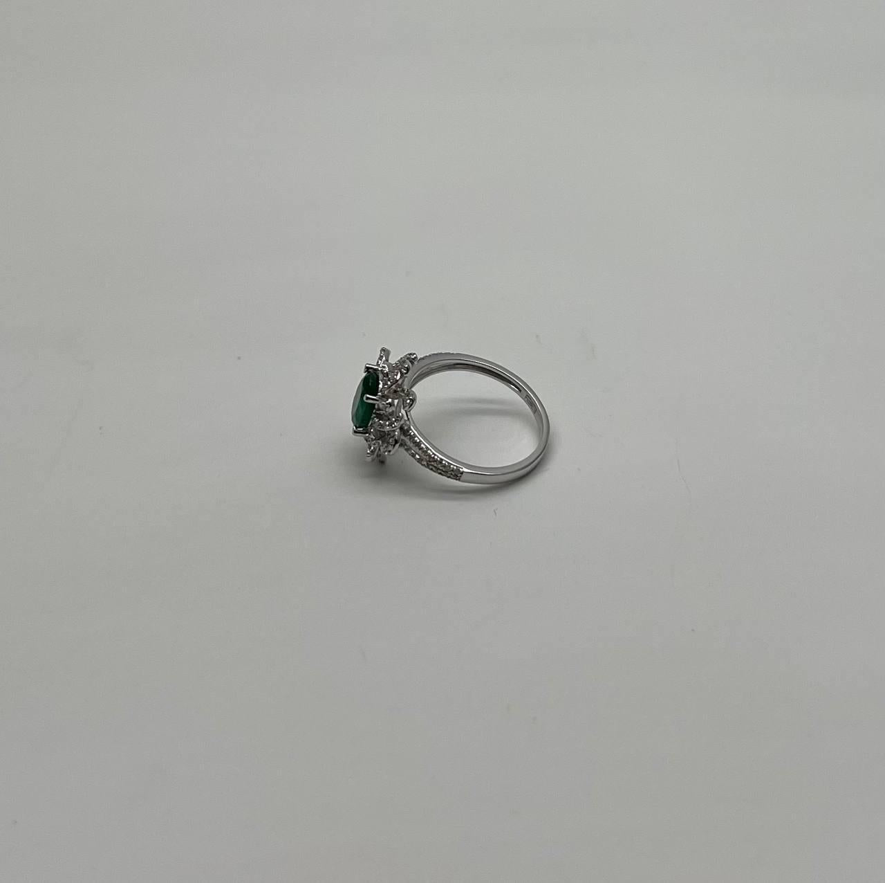 Oval Shape Green Emerald Diamond Pave Halo Set 14K White Gold Statement Ring