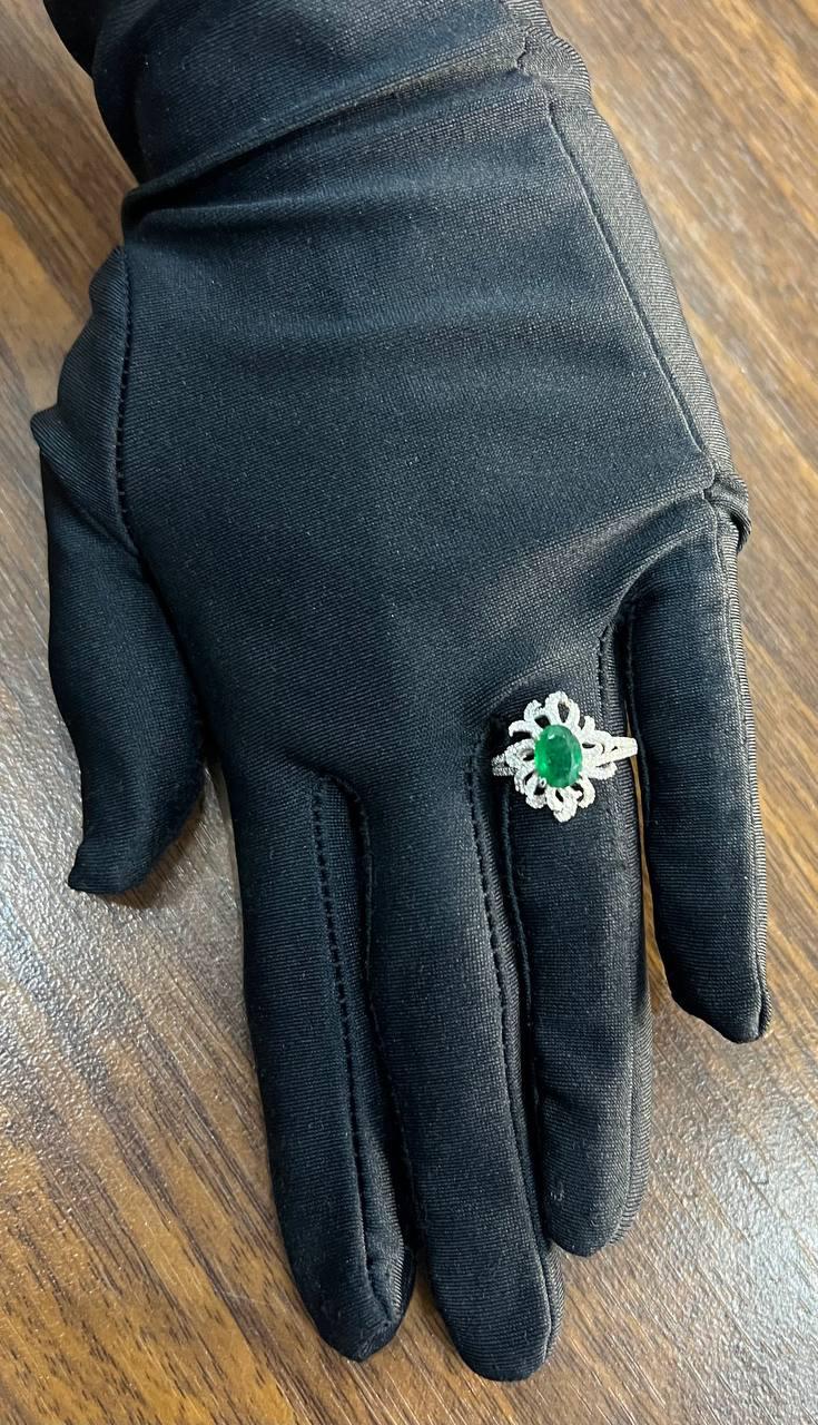 Oval Shape Green Emerald Diamond Pave Halo Set 14K White Gold Statement Ring