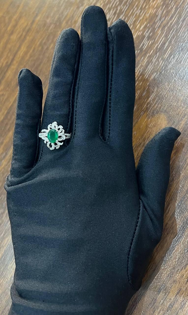 Oval Shape Green Emerald Diamond Pave Halo Set 14K White Gold Statement Ring