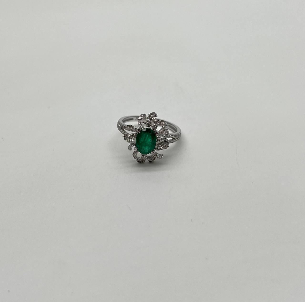 Oval Shape Green Emerald Diamond Pave Halo Set 14K White Gold Statement Ring