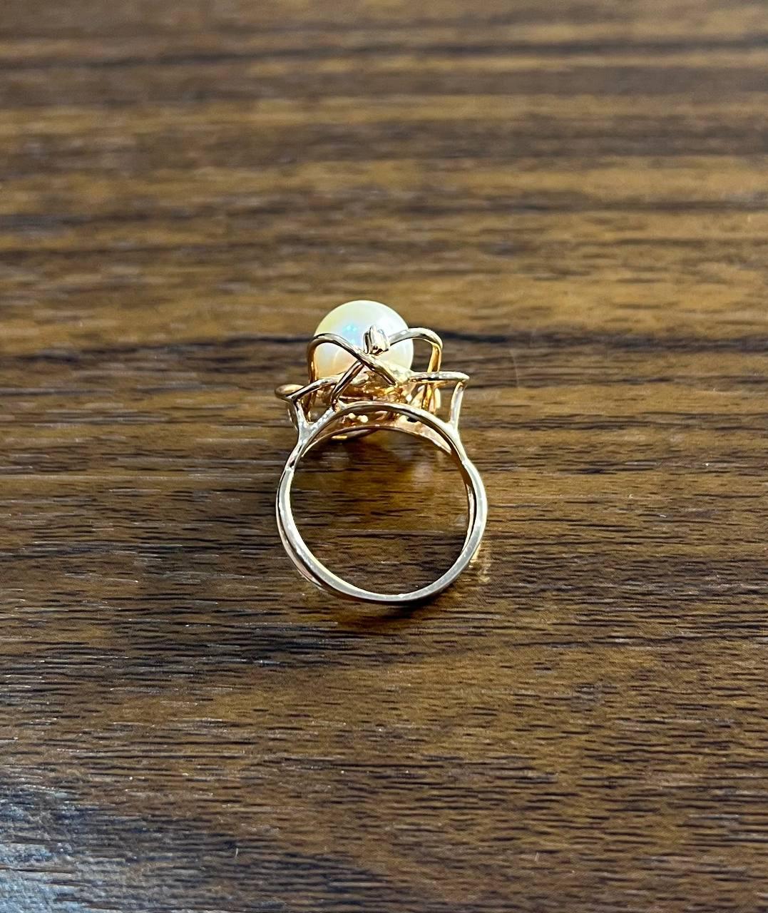 Round White Pearl Saturn Floral Flower Motif 14K Yellow Gold Statement Ring