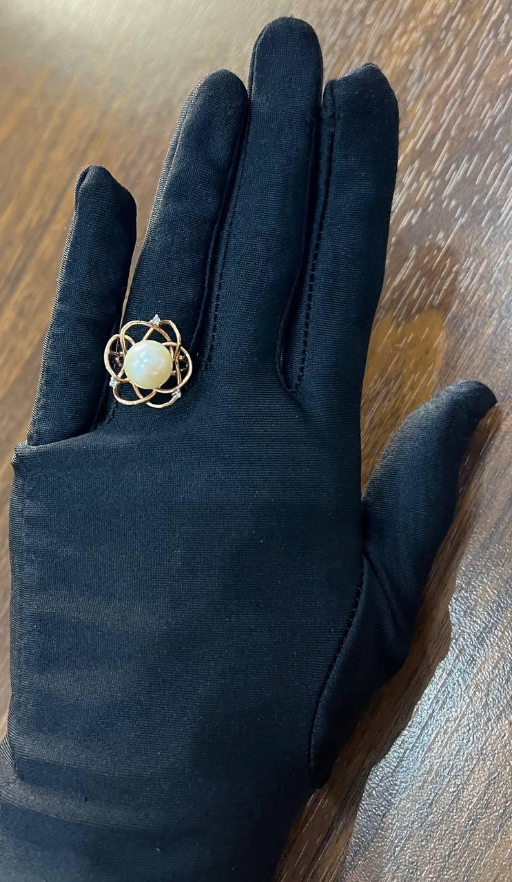 Round White Pearl Saturn Floral Flower Motif 14K Yellow Gold Statement Ring