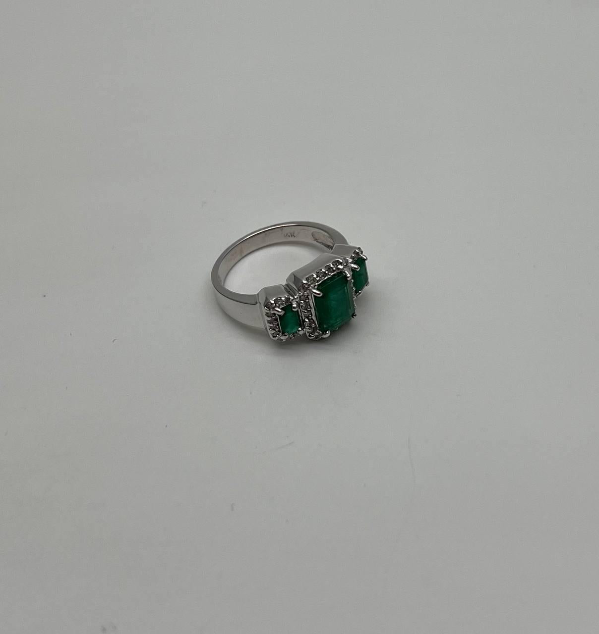 Three Stone Green Emerald & Diamond Halo 14K White Gold Classic Statement Ring
