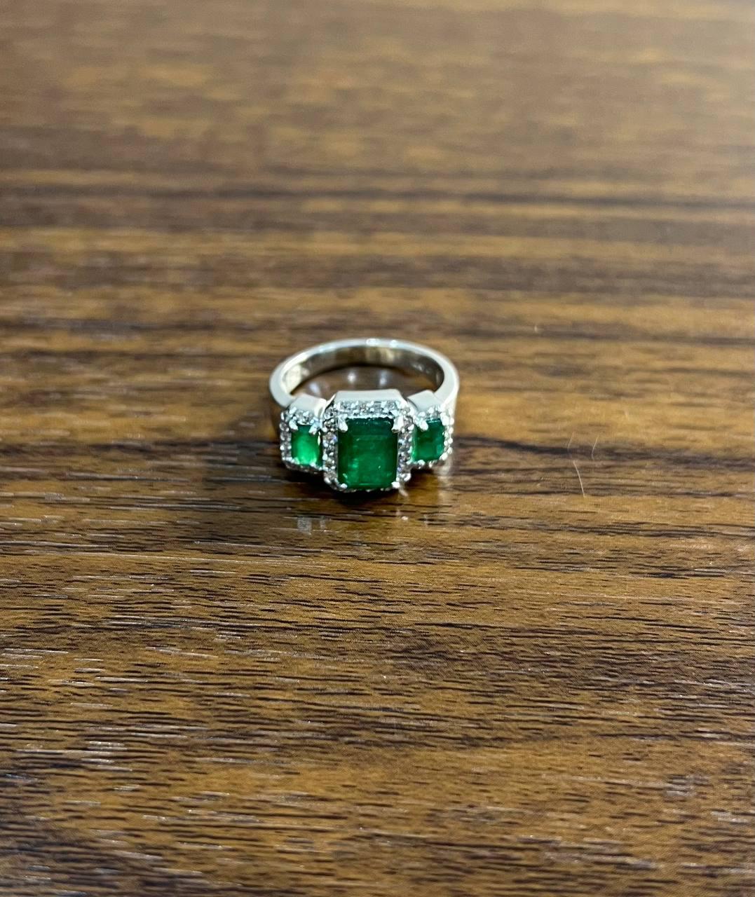 Three Stone Green Emerald & Diamond Halo 14K White Gold Classic Statement Ring