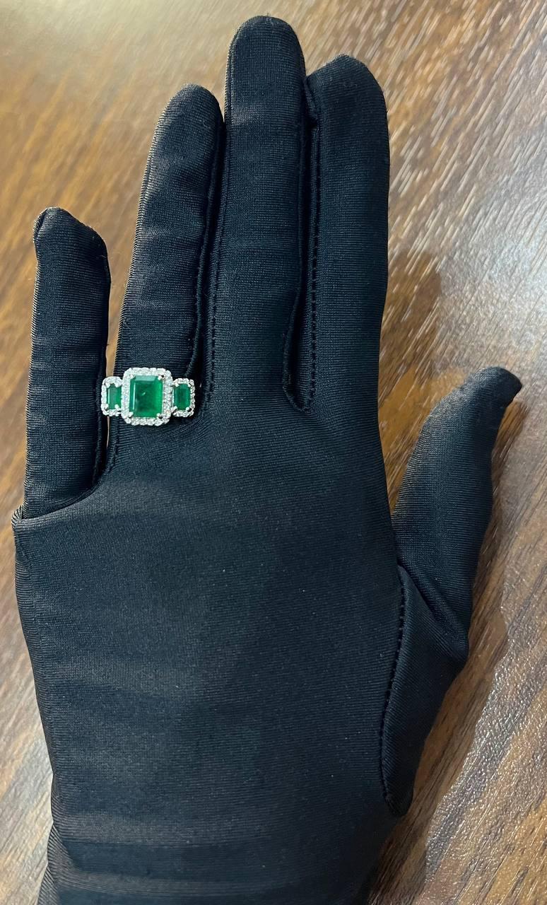 Three Stone Green Emerald & Diamond Halo 14K White Gold Classic Statement Ring