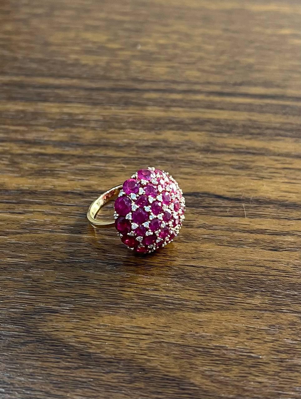 Pink Red Ruby Cabochon Cluster Diamond Pave Rose Gold Statement Cocktail Ring