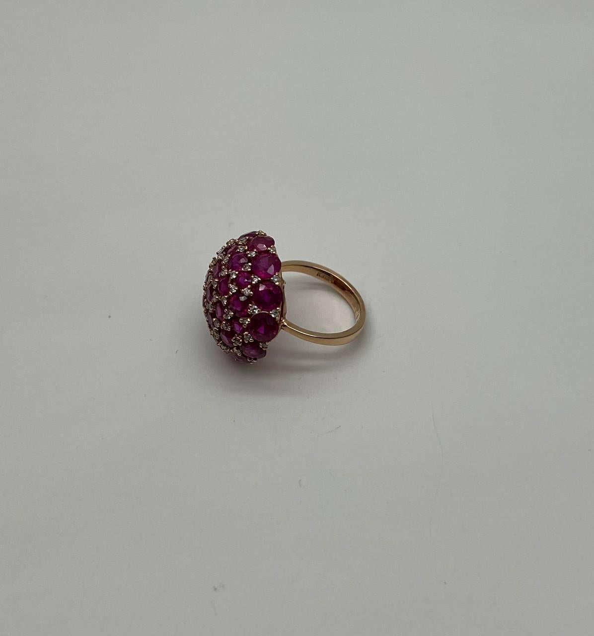 Pink Red Ruby Cabochon Cluster Diamond Pave Rose Gold Statement Cocktail Ring