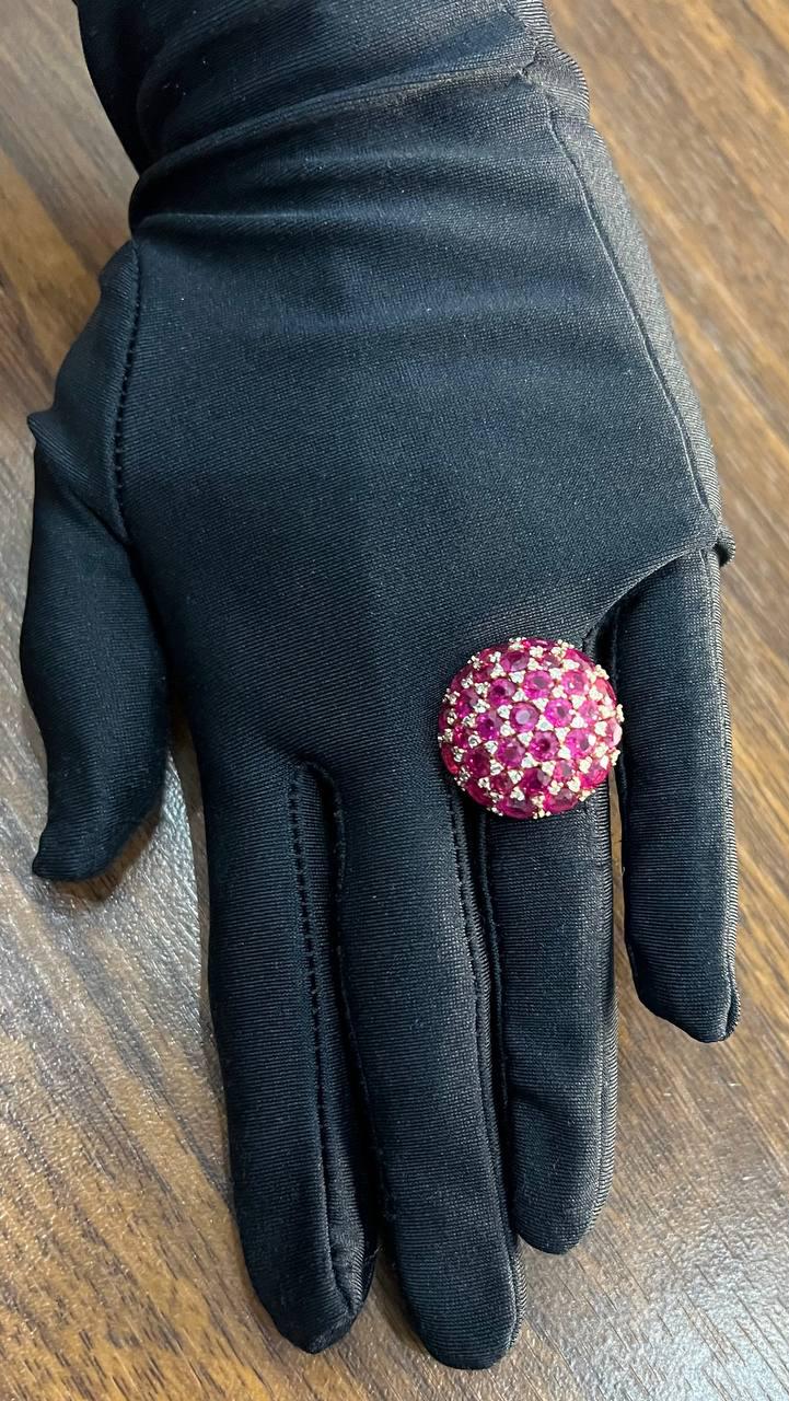 Pink Red Ruby Cabochon Cluster Diamond Pave Rose Gold Statement Cocktail Ring
