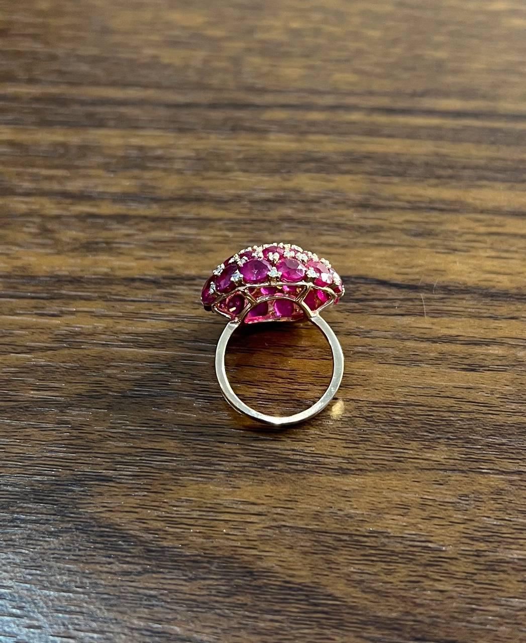 Pink Red Ruby Cabochon Cluster Diamond Pave Rose Gold Statement Cocktail Ring