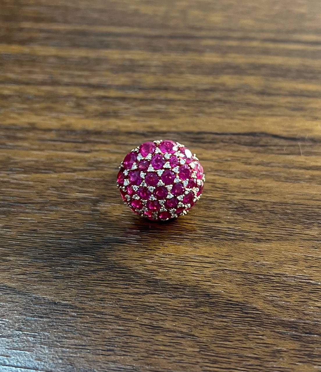 Pink Red Ruby Cabochon Cluster Diamond Pave Rose Gold Statement Cocktail Ring