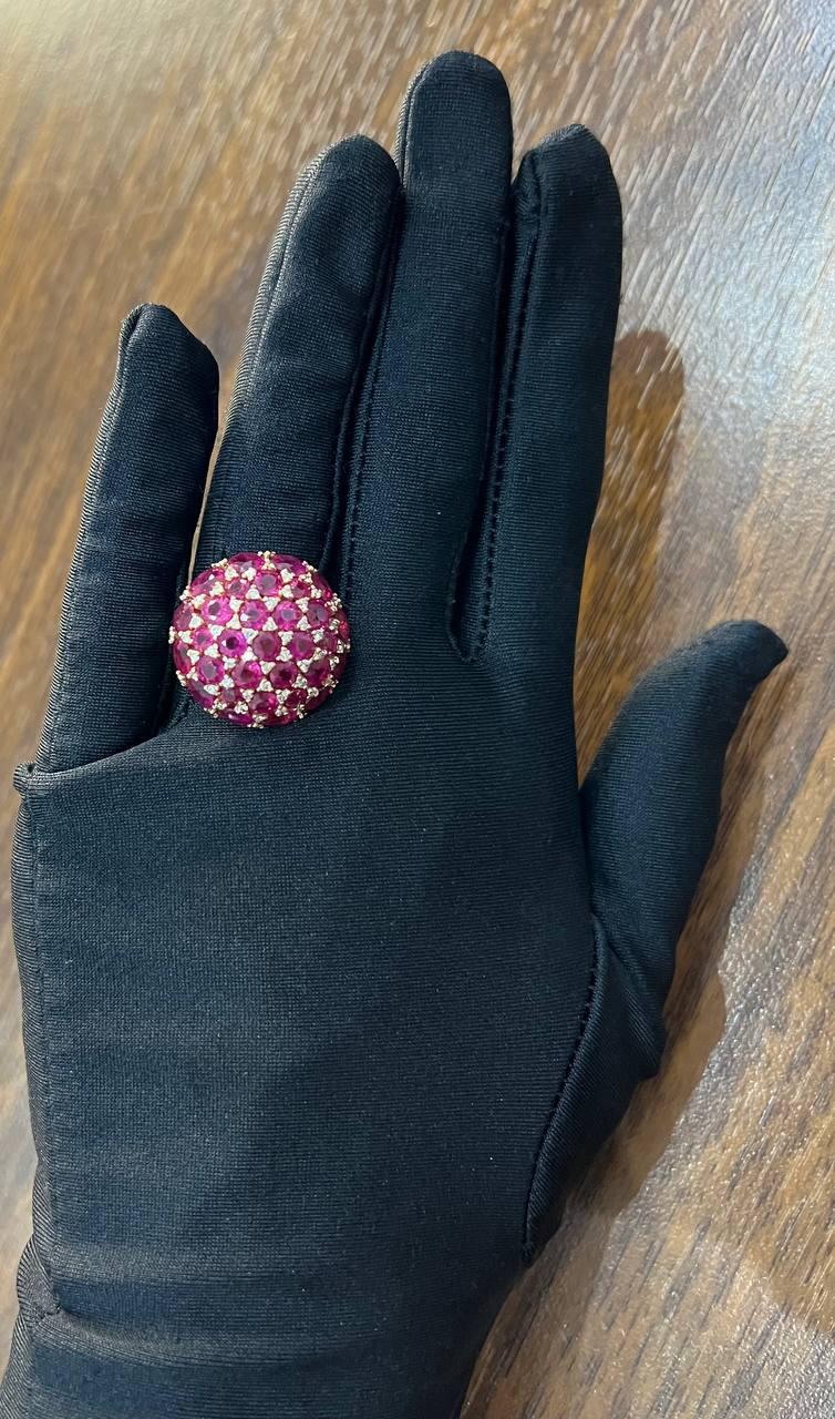 Pink Red Ruby Cabochon Cluster Diamond Pave Rose Gold Statement Cocktail Ring