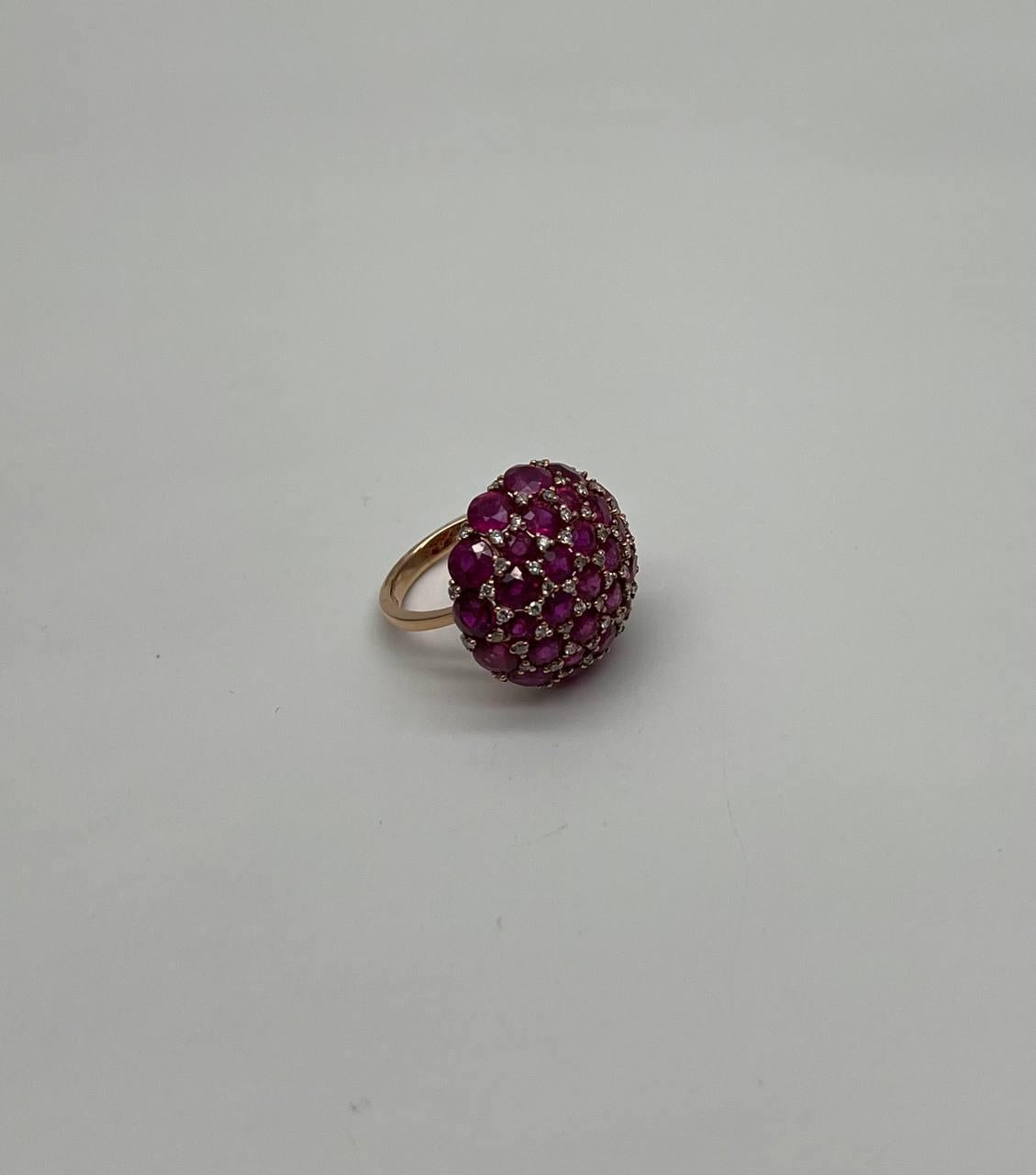 Pink Red Ruby Cabochon Cluster Diamond Pave Rose Gold Statement Cocktail Ring