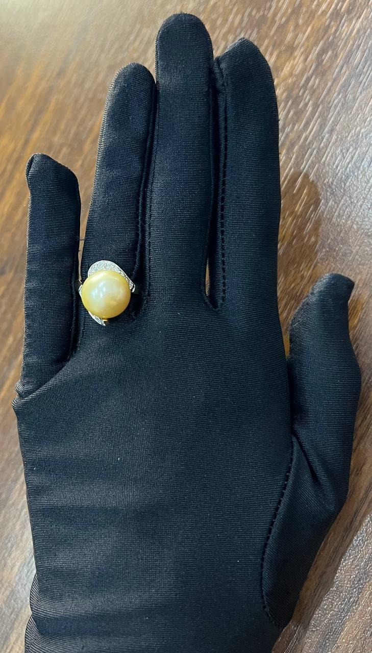 Golden Yellow South Sea Pearl Diamond Spiral Curve14K Yellow Gold Statement Ring
