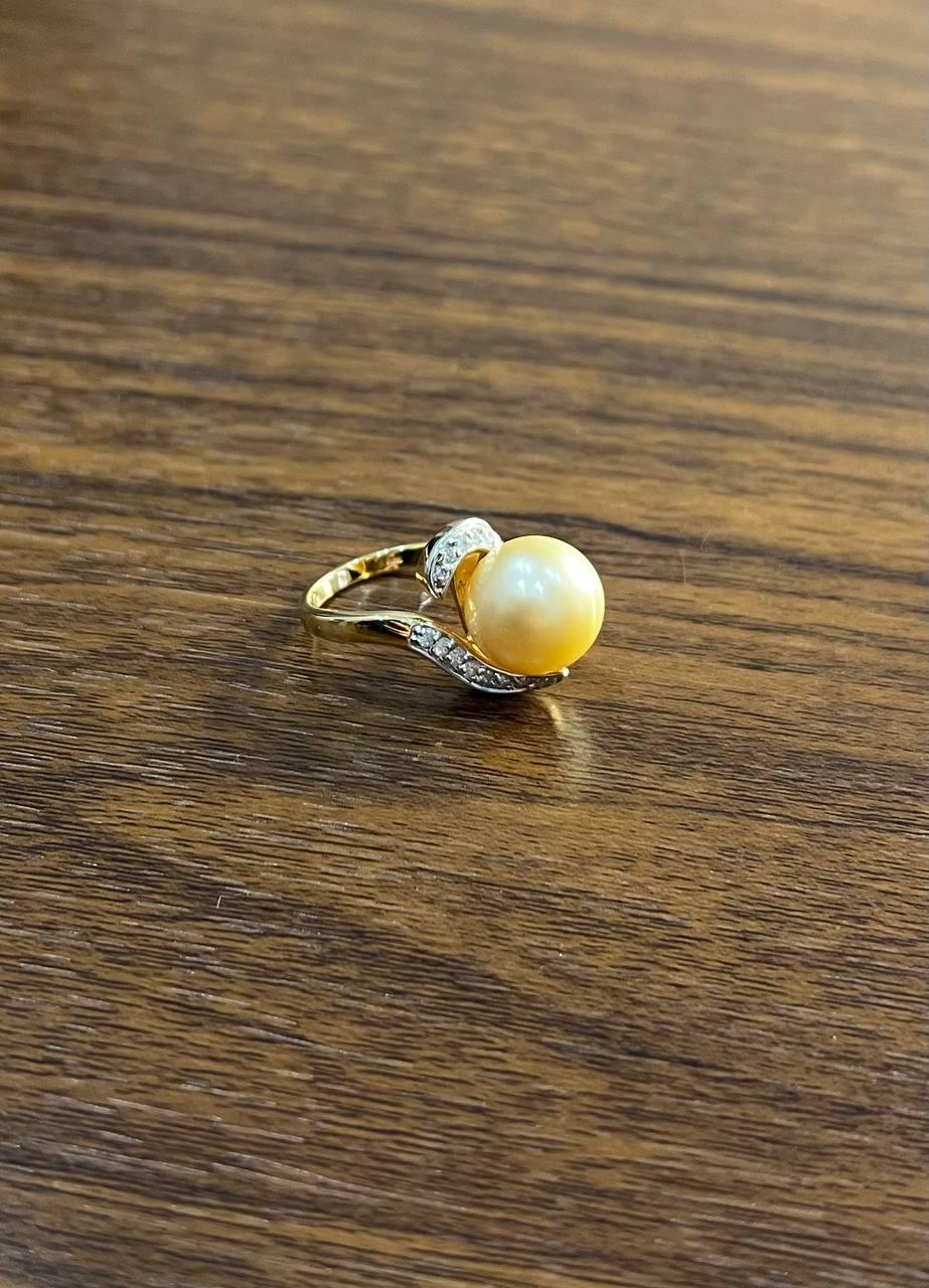 Golden Yellow South Sea Pearl Diamond Spiral Curve14K Yellow Gold Statement Ring