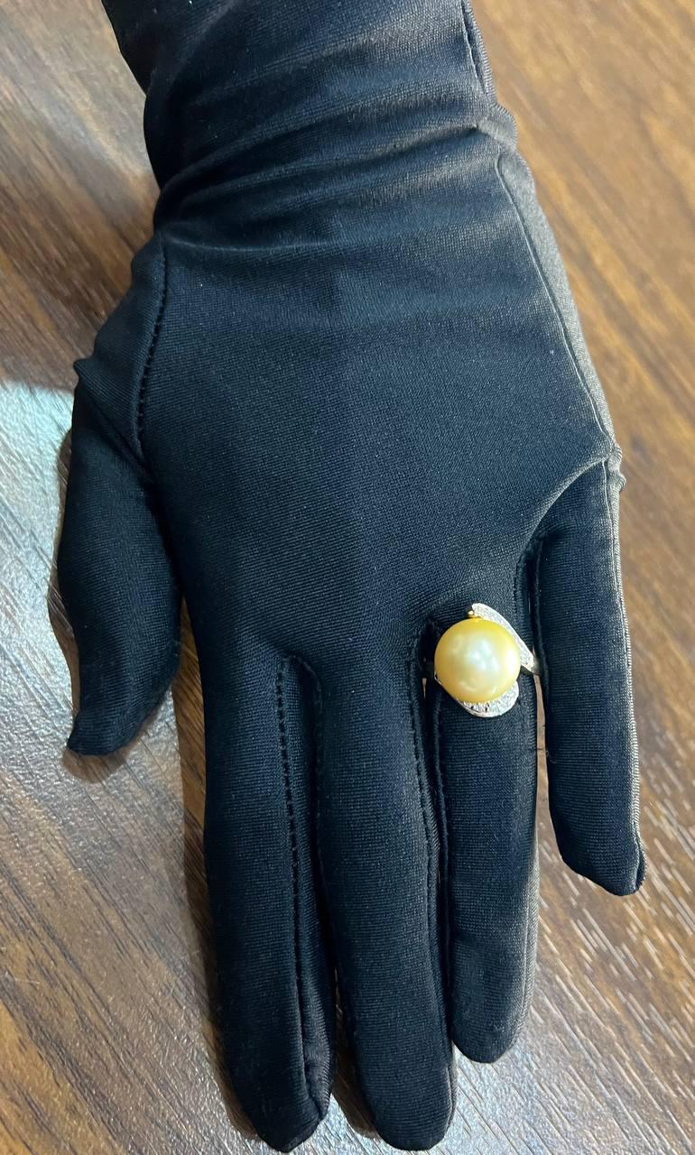 Golden Yellow South Sea Pearl Diamond Spiral Curve14K Yellow Gold Statement Ring